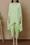 Buy_Aariyana Couture_Green Kaftan Crepepant Bamber Silk Band Collar Embroidered With Dhoti Pants _Online_at_Aza_Fashions