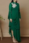 Aariyana Couture_Green Georgette Mandarin Collar Draped Asymmetric Dress _Online_at_Aza_Fashions