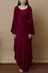 Aariyana Couture_Wine Modal Satin Round Asymmetric Dress _at_Aza_Fashions