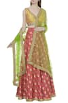 Buy_Nitika Gujral_Coral Brocade Leaf Neck Embroidered Lehenga Set For Women_at_Aza_Fashions