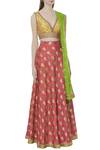 Buy_Nitika Gujral_Coral Brocade Leaf Neck Embroidered Lehenga Set For Women_Online_at_Aza_Fashions