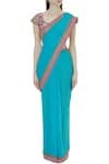 Tisha Saksena_Blue Raw , Georgette Round Hand Embroidered Saree Set With Jacket_Online_at_Aza_Fashions