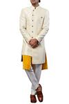 Buy_Seven_White Silk Jaquard Asymmetric Sherwani Set_at_Aza_Fashions