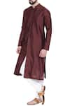 Mayank Modi - Men_Brown Cotton Silk Mandarin Collar Kurta Set _Online_at_Aza_Fashions