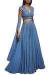 Buy_Shloka Khialani_Blue Net, Crepe, Georgette V Neck Embroidered Lehenga Set _Online_at_Aza_Fashions