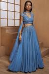 Buy_Shloka Khialani_Blue Net, Crepe, Georgette V Neck Embroidered Lehenga Set _at_Aza_Fashions