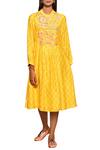 Buy_Swati Vijaivargie_Yellow Cotton Silk Band Collar Printed Flared Tunic _at_Aza_Fashions