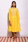 Swati Vijaivargie_Yellow Cotton Silk Band Collar Printed Flared Tunic _Online_at_Aza_Fashions