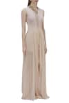 Babita Malkani_Beige Neopren Slashed Neckline Asymmetric Flared Gown _Online_at_Aza_Fashions