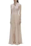 Buy_Babita Malkani_Beige Neopren Slashed Neckline Asymmetric Flared Gown _Online_at_Aza_Fashions