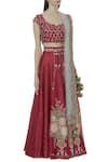 Ivory by Dipika_Pink Chanderi Leaf Neck Embroidered Lehenga Set  _Online_at_Aza_Fashions