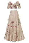 Shop_Ivory by Dipika_Peach Chanderi V Neck Embroidered Lehenga Set  _Online_at_Aza_Fashions