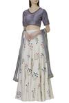 Buy_Ivory by Dipika_Grey Chanderi V Neck Embroidered Lehenga Set  _at_Aza_Fashions