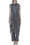 Buy_Sva By Sonam & Paras Modi_Grey Silk Printed Draped Tunic And Pant Set_Online_at_Aza_Fashions