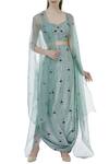 Buy_Sva By Sonam & Paras Modi_Blue Organza Printed Draped Skirt And Cape Set_at_Aza_Fashions