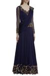 Neha Mehta Couture_Blue Pure Satin Georgette V Neck Embroidered Gown _Online_at_Aza_Fashions