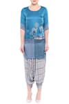 So Us By Sougatpaul_Blue Modal Satin Round Printed Kurta Dhoti Pant Set _Online_at_Aza_Fashions