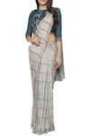 Buy_SO US by Sougatpaul_Blue Cotton Silk Round Pre-draped Checkered Saree With Blouse  _at_Aza_Fashions