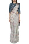 SO US by Sougatpaul_Blue Cotton Silk Round Pre-draped Checkered Saree With Blouse  _Online_at_Aza_Fashions