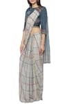 Buy_SO US by Sougatpaul_Blue Cotton Silk Round Pre-draped Checkered Saree With Blouse  _Online_at_Aza_Fashions