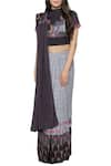 Buy_SO US by Sougatpaul_Black Cotton Silk High Neck Printed Pre-draped Saree With Blouse  _at_Aza_Fashions