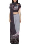 SO US by Sougatpaul_Black Cotton Silk High Neck Printed Pre-draped Saree With Blouse  _Online_at_Aza_Fashions