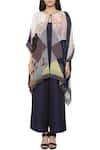So Us By Sougatpaul_Blue Crepe, Cotton Silk Round Jumpsuit With Printed Cape _Online_at_Aza_Fashions