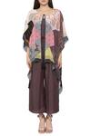 Shop_SO US by Sougatpaul_Brown Crepe Round Jumpsuit With Printed Cape  _Online_at_Aza_Fashions