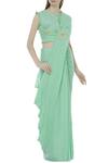 Buy_Shagun Manchanda_Green Linen Embroidered Saree  _at_Aza_Fashions