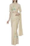 Buy_Shagun Manchanda_Beige Linen Round Embroidered Blouse _at_Aza_Fashions