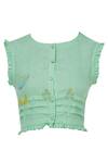 Shop_Shagun Manchanda_Green Linen Round Embroidered Saree Blouse _at_Aza_Fashions