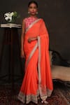 Buy_Nikasha_Coral Crepe Bateau Neackline Saree With Embroidered Blouse _at_Aza_Fashions