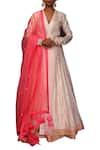 Buy_Nikasha_Pink Crepe V Neck Printed Front Slit Kurta And Lehenga Set _Online_at_Aza_Fashions