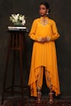 Buy Nikasha Yellow Crepe Stand Collar Asymmetric Tunic And Dhoti Pant Set at Aza Fashions Buy_Nikasha_Yellow Crepe Stand Collar Asymmetric Tunic And Dhoti Pant Set _at_Aza_Fashions