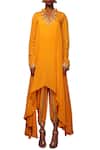 Shop Nikasha Yellow Crepe Stand Collar Asymmetric Tunic And Dhoti Pant Set Online at Aza Fashions Shop_Nikasha_Yellow Crepe Stand Collar Asymmetric Tunic And Dhoti Pant Set _Online_at_Aza_Fashions