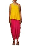 Buy_Nikasha_Yellow Crepe Asymmetric One Shoulder Kurta With Dhoti Pant _Online_at_Aza_Fashions