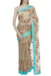 Ranian_Beige Silk Organza Round Neck Embroidered Saree Set _Online_at_Aza_Fashions