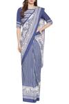 Buy_So US By Sougatpaul_Blue Muslin Slub Round Neck Printed Pre-stitched Saree With Blouse  _at_Aza_Fashions