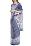 So US By Sougatpaul_Blue Muslin Slub Round Neck Printed Pre-stitched Saree With Blouse  _Online_at_Aza_Fashions