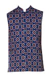 Buy_Mr. Ajay Kumar_Blue Bundi Cotton Satin Lycra Kurta Silk Linen Pants Printed Set  _Online_at_Aza_Fashions