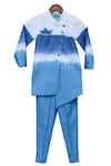 FAYON KIDS_Blue Cotton Overlap Achkan And Pant Set _Online_at_Aza_Fashions