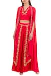 Limerick by Abirr N' Nanki_Coral Silk Georgette V Neck Embroidered Lehenga Set _Online_at_Aza_Fashions