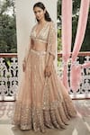 Buy_Abhinav Mishra_Peach Raw Silk Plunging V Neckline Embroidered Lehenga Set _at_Aza_Fashions