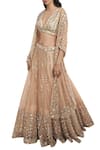 Abhinav Mishra_Peach Raw Silk Plunging V Neckline Embroidered Lehenga Set _Online_at_Aza_Fashions