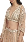 Buy_Abhinav Mishra_Peach Raw Silk Plunging V Neckline Embroidered Lehenga Set _Online_at_Aza_Fashions