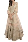 Shop_Abhinav Mishra_Peach Net U Neckline Mirror Embroidered Kurta Lehenga Set _at_Aza_Fashions