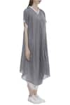 Urvashi Kaur_Grey Organic Cotton V-shaped Neckline Draped Kurta _Online_at_Aza_Fashions