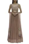 Buy_Nitika Kanodia Gupta_Brown Georgette Leaf Neck Embellished Anarkali With Dupatta  _at_Aza_Fashions