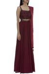 Pooja Peshoria_Wine Net, Georgette, Shantoon Square Neck Embellished Lehenga Set _Online_at_Aza_Fashions