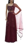 Buy_Pooja Peshoria_Wine Net, Georgette, Shantoon Square Neck Embellished Lehenga Set _Online_at_Aza_Fashions